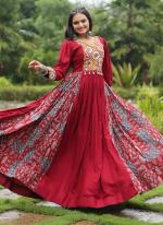 Rayon Red Navratri Wear Gamthi Work Readymade Gown